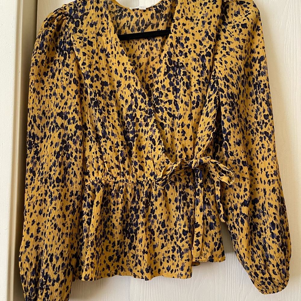 Yellow and blue pleated blouse top